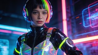 Образ: Короткая стрижка (возможно, с неоновыми прядями), футуристичная одежда (винил, металл, светоотражающие…