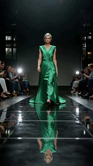Модель в изумрудном платье на подиуме Paris Fashion Week