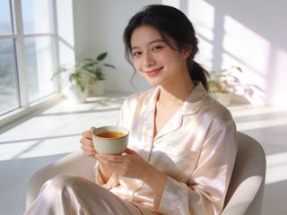 Aesthetic lifestyle photography of a glowing young woman sitting in a bright, sun-drenched modern minimalist…