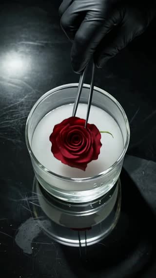 A dramatic vertical shot of a deep red rose being dipped into a smoking beaker of liquid азот.