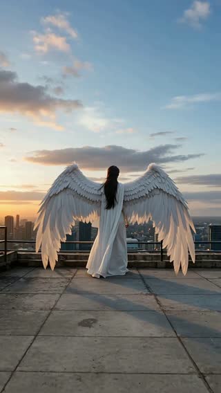 A breathtaking vertical scene of a person with massive, incredibly detailed white feathery wings standing on…