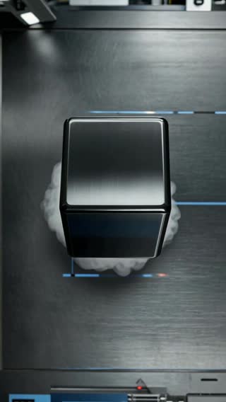 A high-tech vertical shot of a small black cube magnet floating completely in mid-air above a cooling silver…