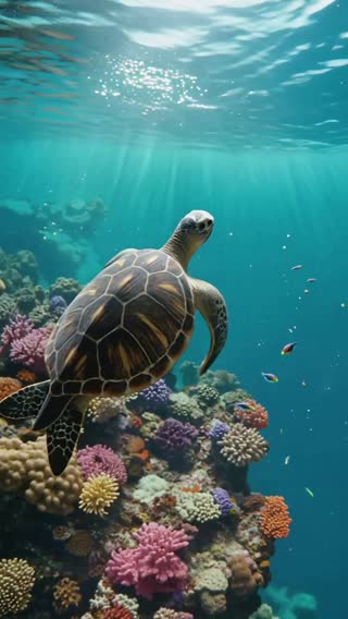 Морская черепаха плавно скользит над ярким коралловым рифом