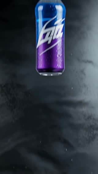 A dynamic, fast-paced commercial vertical shot of a bright neon-blue energy drink bottle slamming down onto a…