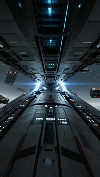 Масштабный футуристический звездолет запускает ионные двигатели в космосе